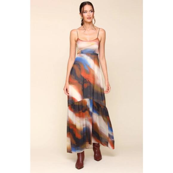 NEW Avec Les Filles Chiffon Maxi Dress Size 12 Open Back Smocked Marble BRown - Picture 1 of 13